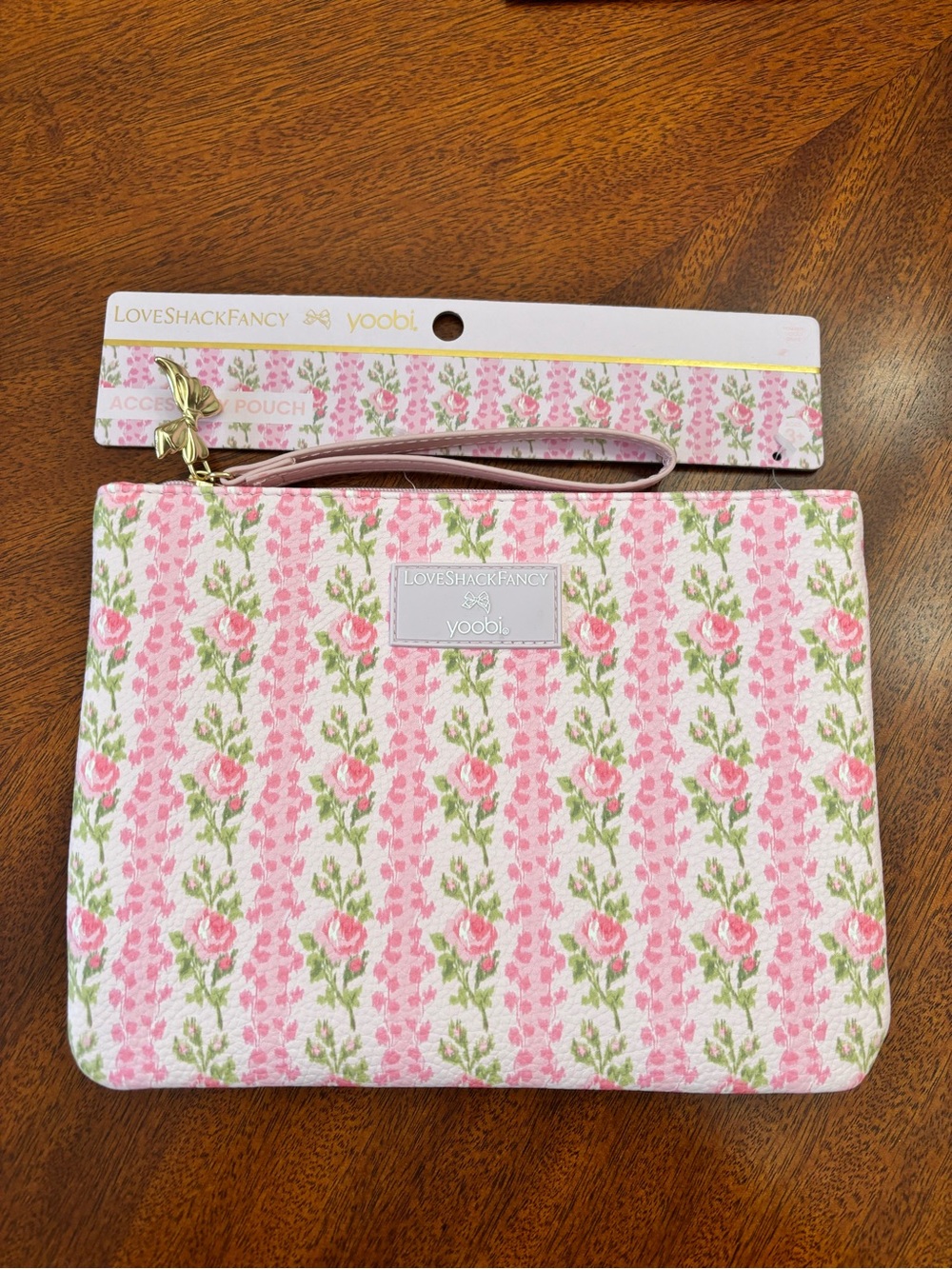 LoveShackFancy Pink and Green Floral Wristlet Pouch